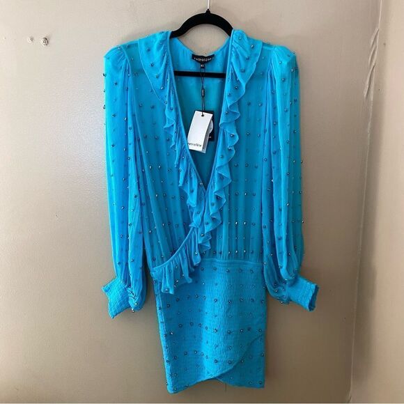 Retrofete Lennon Dress embellished smocked mini chiffon rhinestone acqua blue M - Picture 15 of 15